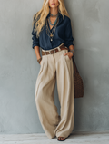 Long Sleeve Polo Shirt for Women in Dark Blue Made of Cotton-Linen Fabric, Paired with Khaki Cotton-Linen Pants (Belt Not Included) MDZ1121E4LXY