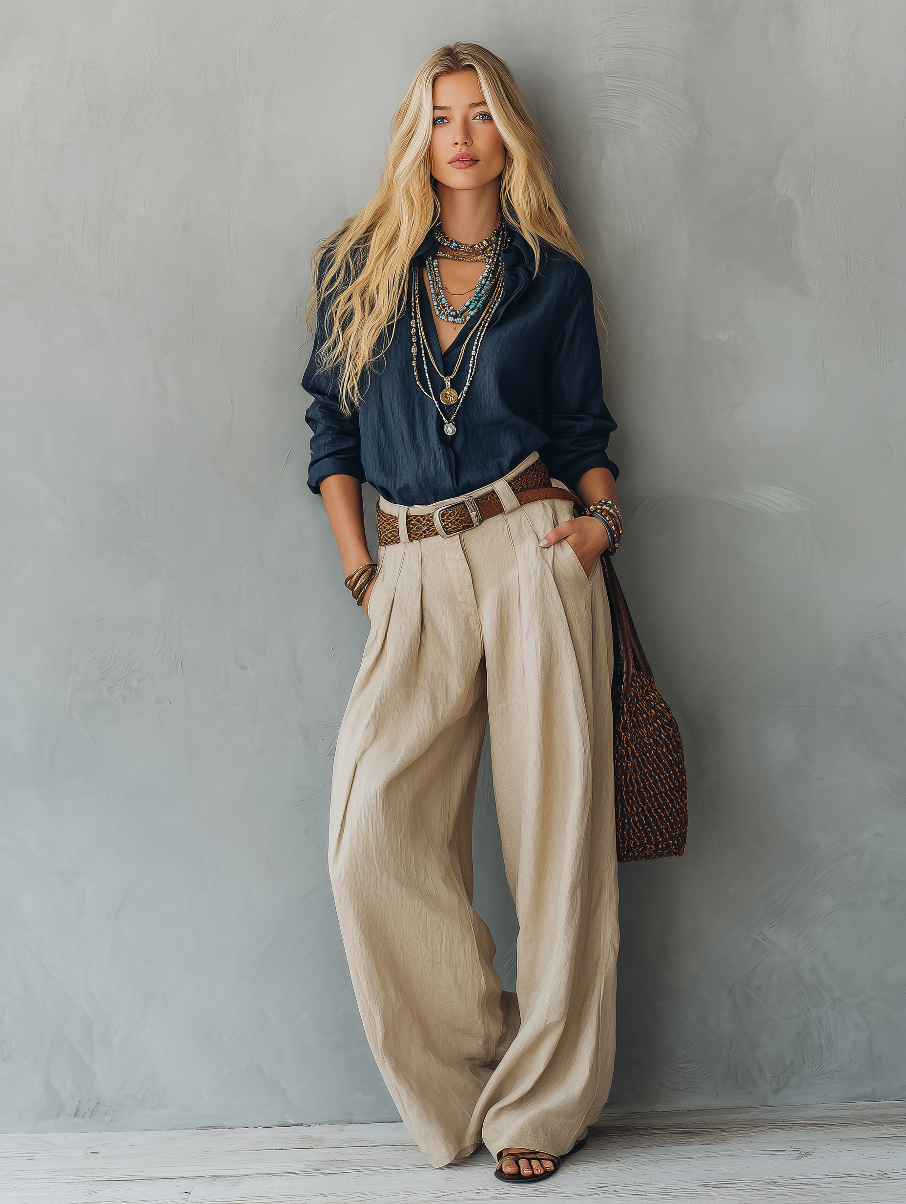 Long Sleeve Polo Shirt for Women in Dark Blue Made of Cotton-Linen Fabric, Paired with Khaki Cotton-Linen Pants (Belt Not Included) MDZ1121E4LXY