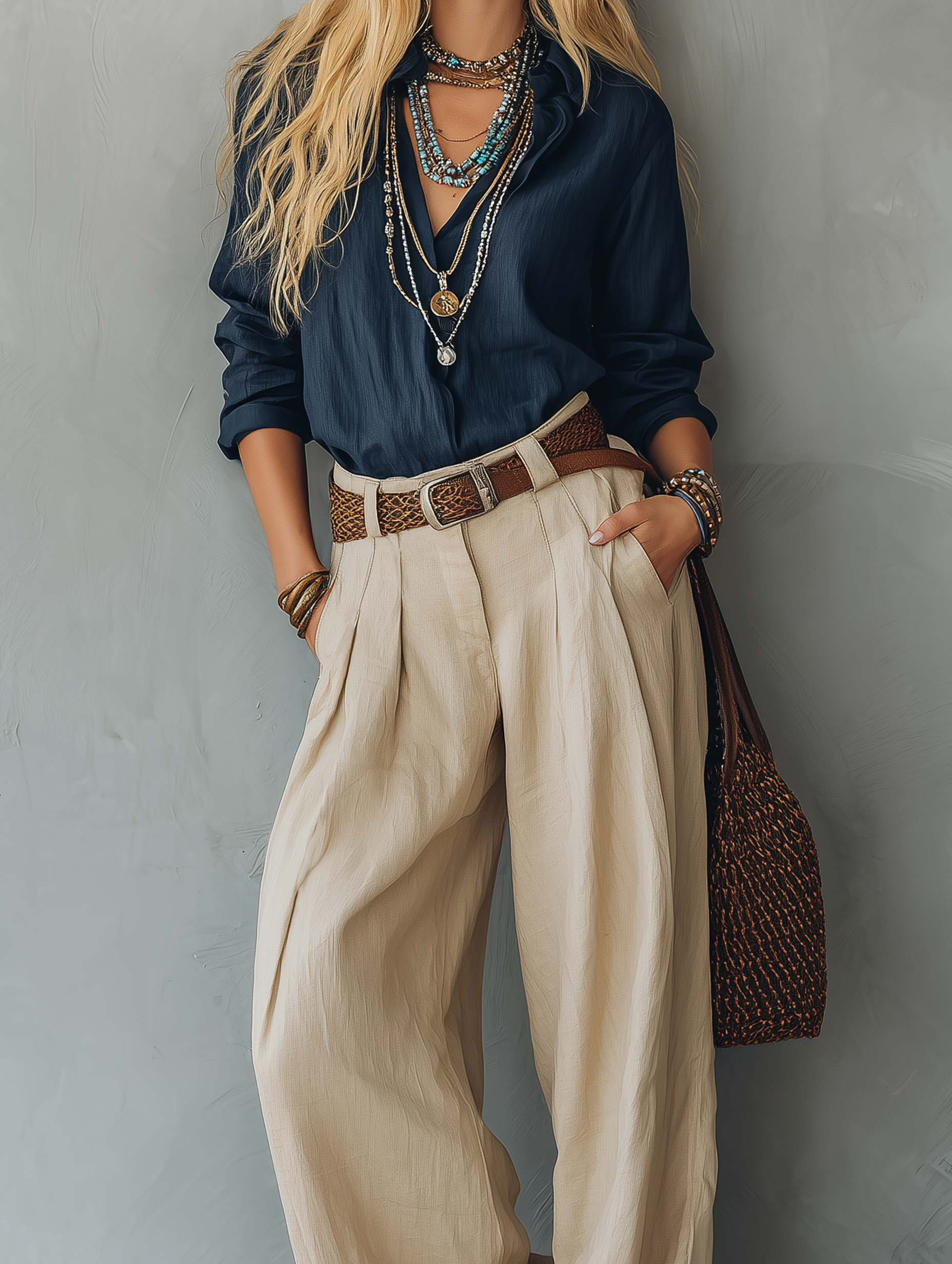 Long Sleeve Polo Shirt for Women in Dark Blue Made of Cotton-Linen Fabric, Paired with Khaki Cotton-Linen Pants (Belt Not Included) MDZ1121E4LXY