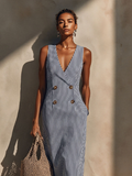 Maxi Dresses for Women in Blue-White with Blazer Style and Double Buttons, Casual Marine Time Dress MDZ1388E5LYL