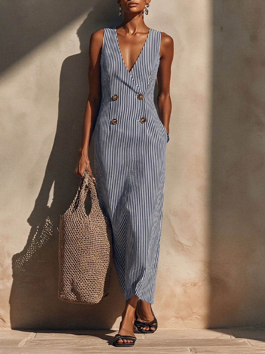 Maxi Dresses for Women in Blue-White with Blazer Style and Double Buttons, Casual Marine Time Dress MDZ1388E5LYL