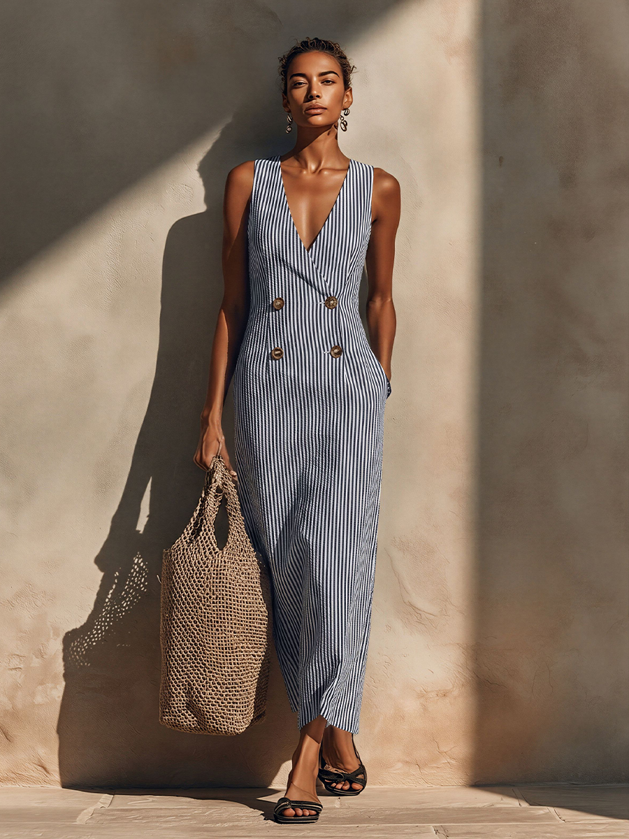 Maxi Dresses for Women in Blue-White with Blazer Style and Double Buttons, Casual Marine Time Dress MDZ1388E5LYL