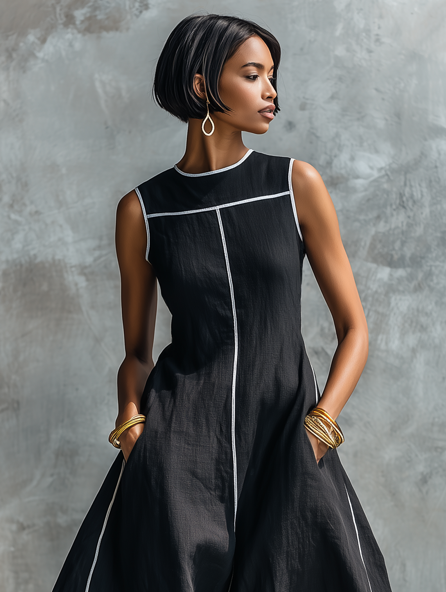 Minimalist Style Maxi Dresses for Women in Linen Fabric with Contrast Finish, Round Neckline and Sleeveless Design MDZ1516E0Y