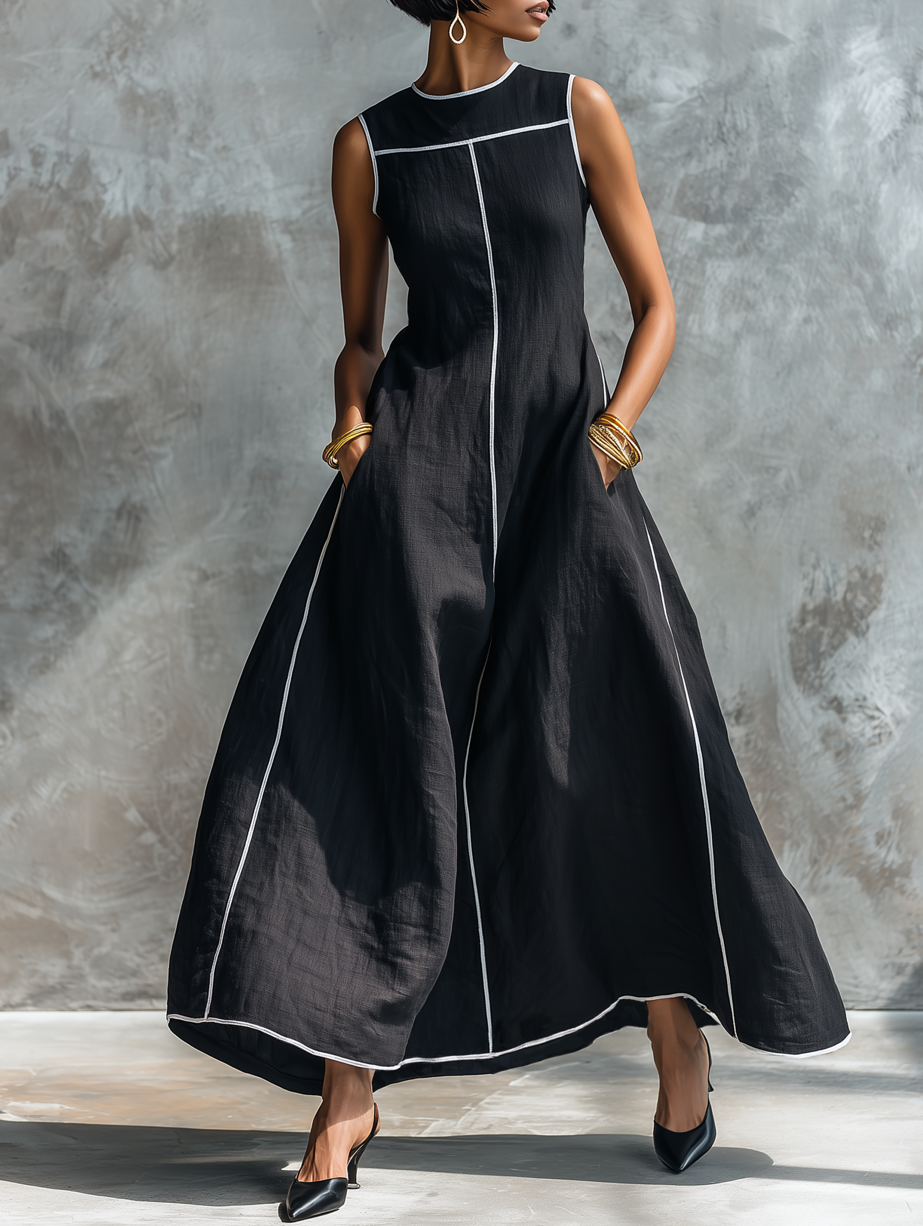 Minimalist Style Maxi Dresses for Women in Linen Fabric with Contrast Finish, Round Neckline and Sleeveless Design MDZ1516E0Y