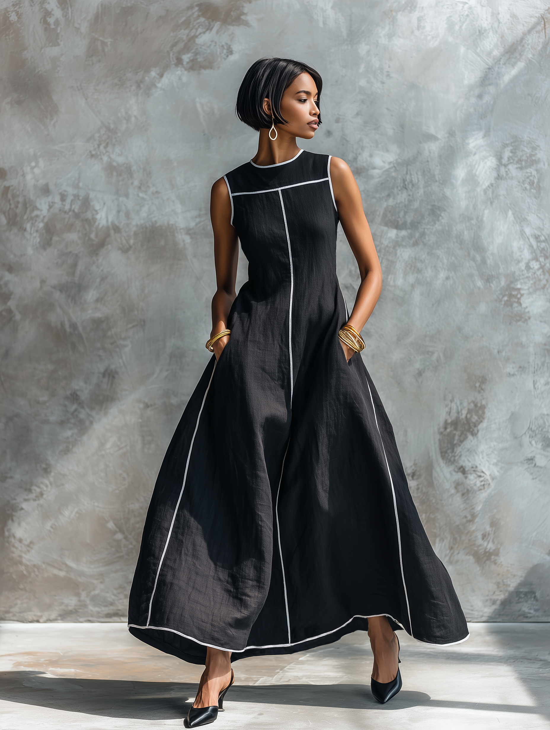 Minimalist Style Maxi Dresses for Women in Linen Fabric with Contrast Finish, Round Neckline and Sleeveless Design MDZ1516E0Y