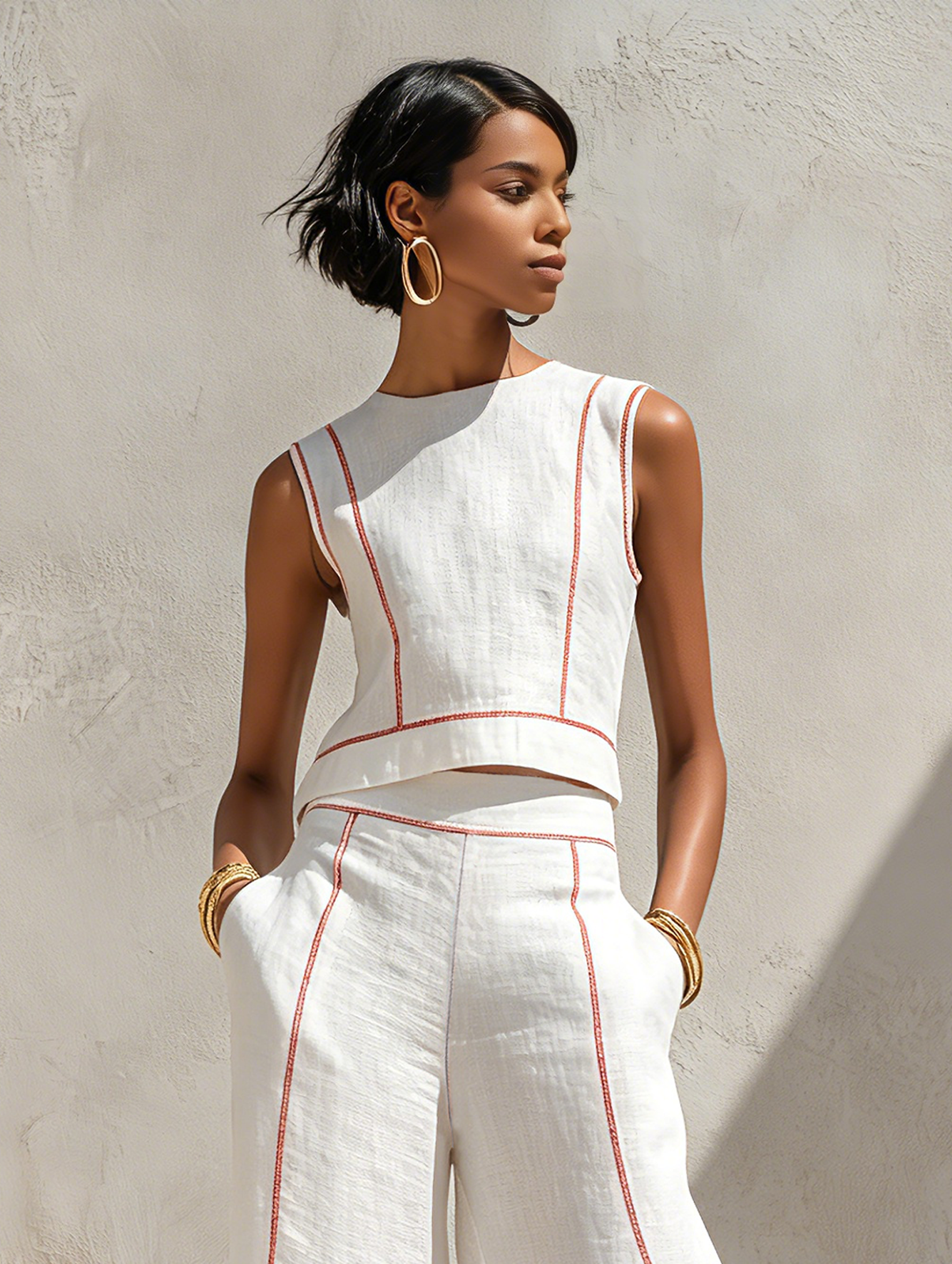 Women's Minimalist Linen Fabric Shirt and Wide Pants Set with Contrasting Seams MDZ1599E9Y