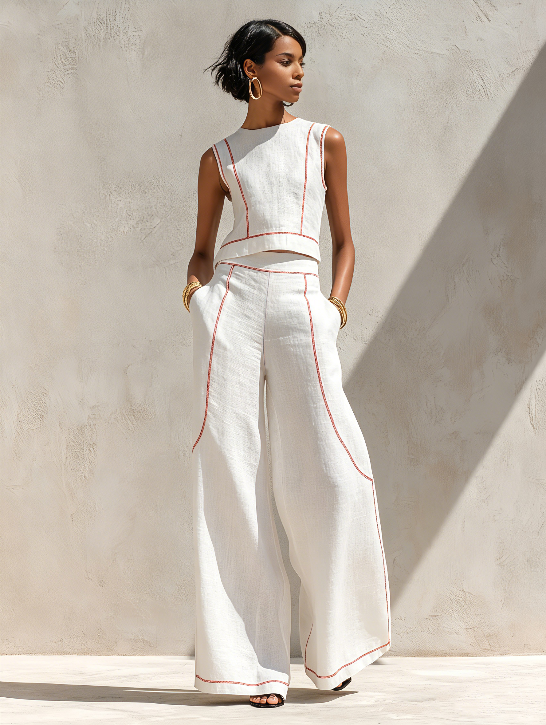 Women's Minimalist Linen Fabric Shirt and Wide Pants Set with Contrasting Seams MDZ1599E9Y
