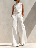 Women's Minimalist Linen Fabric Shirt and Wide Pants Set with Contrasting Seams MDZ1599E9Y