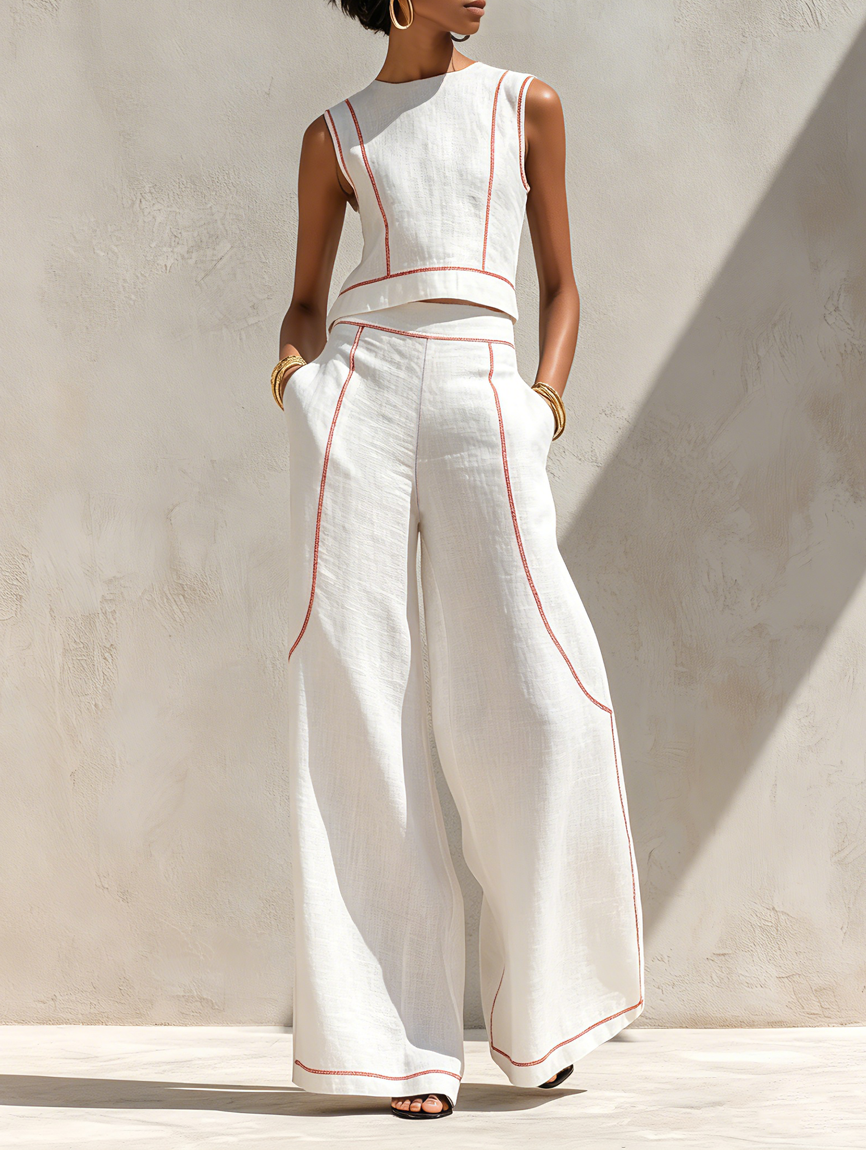 Women's Minimalist Linen Fabric Shirt and Wide Pants Set with Contrasting Seams MDZ1599E9Y