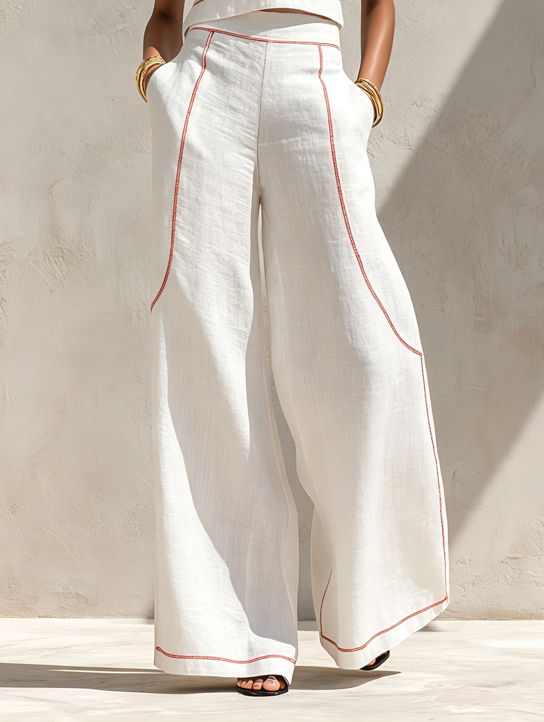 Women's Minimalist Linen Fabric Shirt and Wide Pants Set with Contrasting Seams MDZ1599E9Y