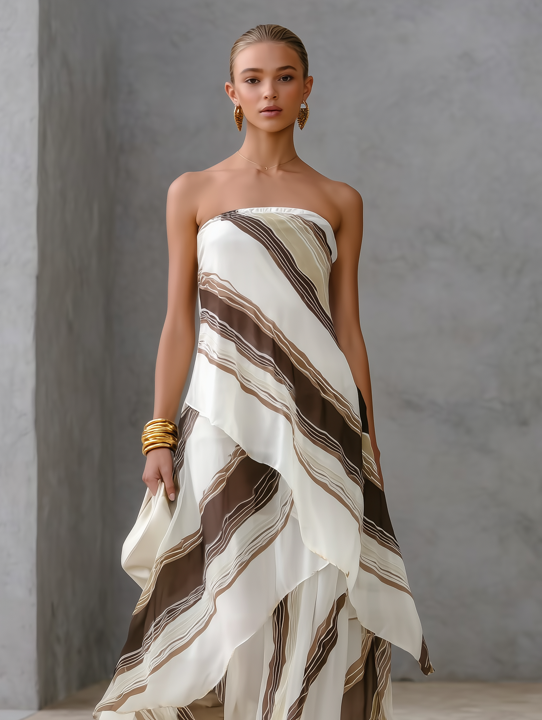 Maxi Dresses for Women in White and Brown with Stripes, Strapless and Sleeveless MDZ2046E1LXY