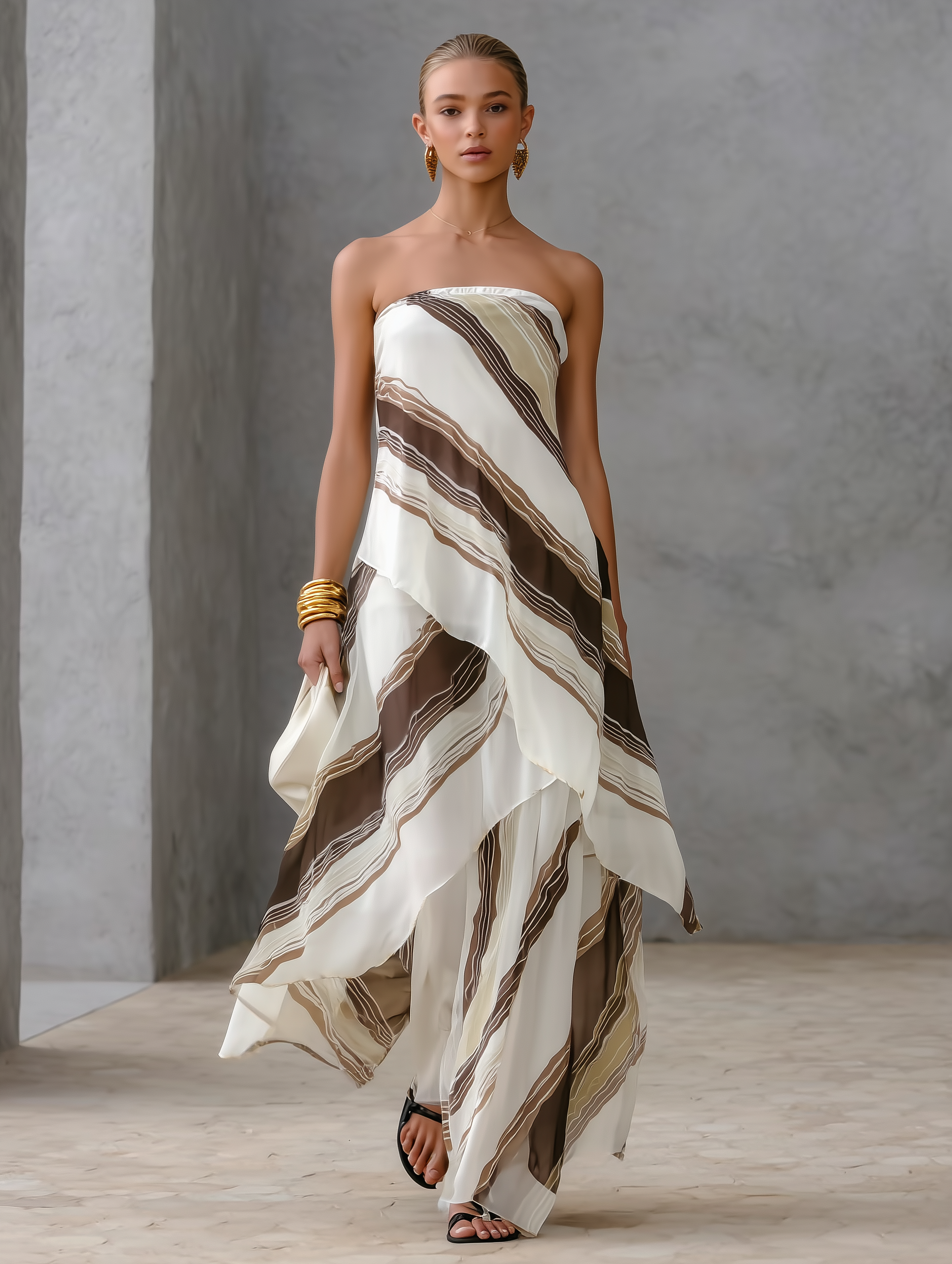 Maxi Dresses for Women in White and Brown with Stripes, Strapless and Sleeveless MDZ2046E1LXY