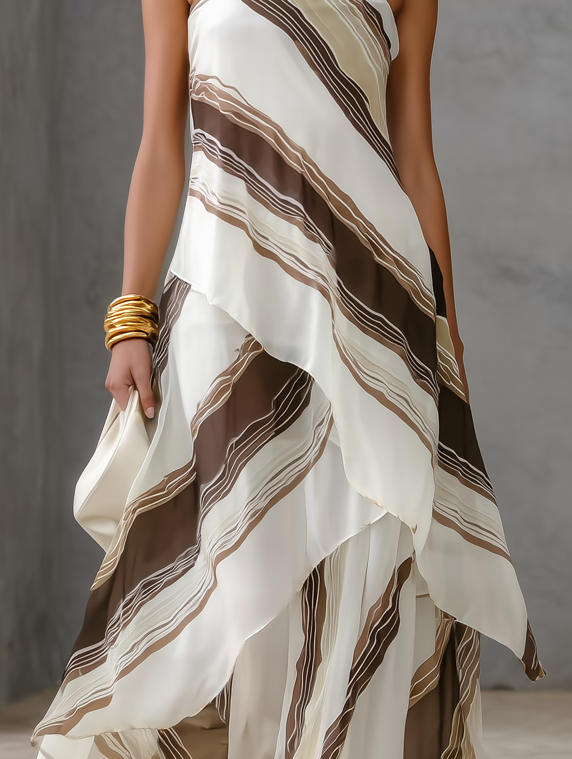 Maxi Dresses for Women in White and Brown with Stripes, Strapless and Sleeveless MDZ2046E1LXY