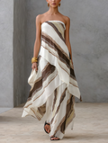Maxi Dresses for Women in White and Brown with Stripes, Strapless and Sleeveless MDZ2046E1LXY