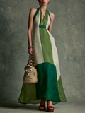 Women's Maxi Dress in Vacation Style in Green and White with V-Cut Neckline and Designed Waist MDZ2051E3GMJ