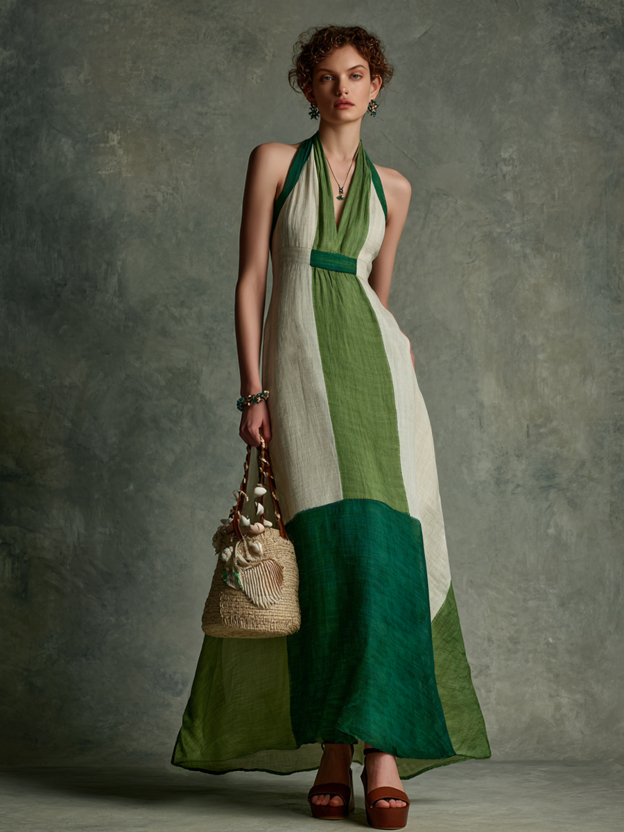 Women's Maxi Dress in Vacation Style in Green and White with V-Cut Neckline and Designed Waist MDZ2051E3GMJ