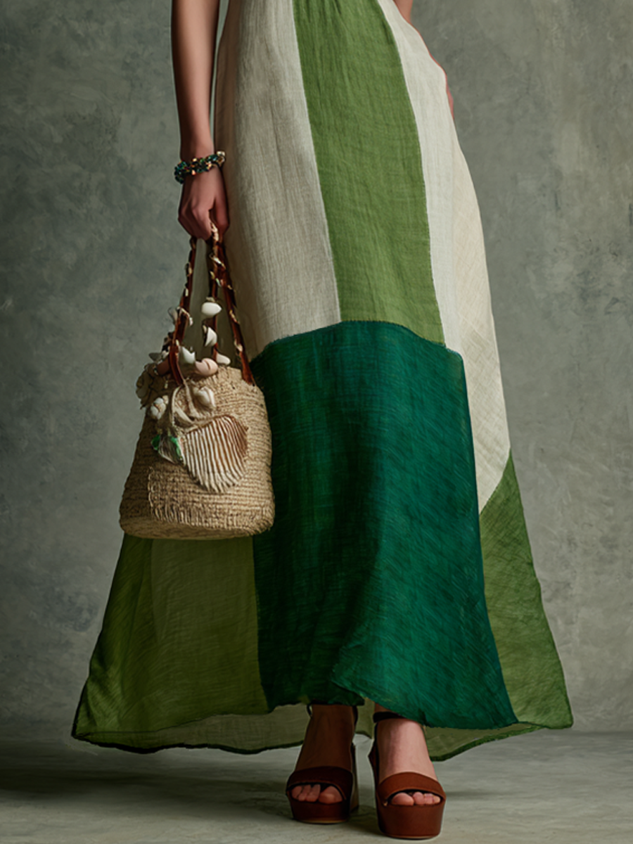 Women's Maxi Dress in Vacation Style in Green and White with V-Cut Neckline and Designed Waist MDZ2051E3GMJ
