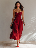 Midi Dress for Women Made of Linen Fabric with Spaghetti Straps