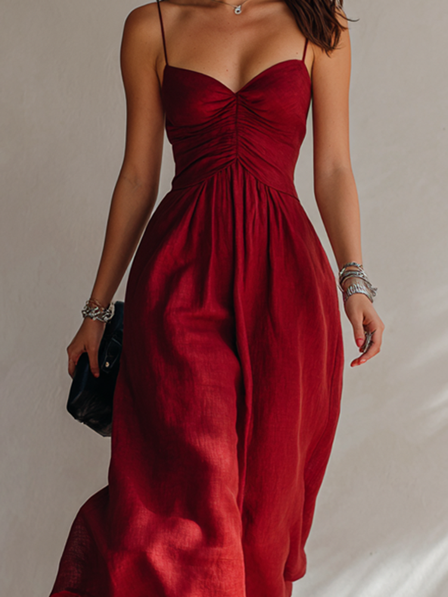 Midi Dress for Women Made of Linen Fabric with Spaghetti Straps