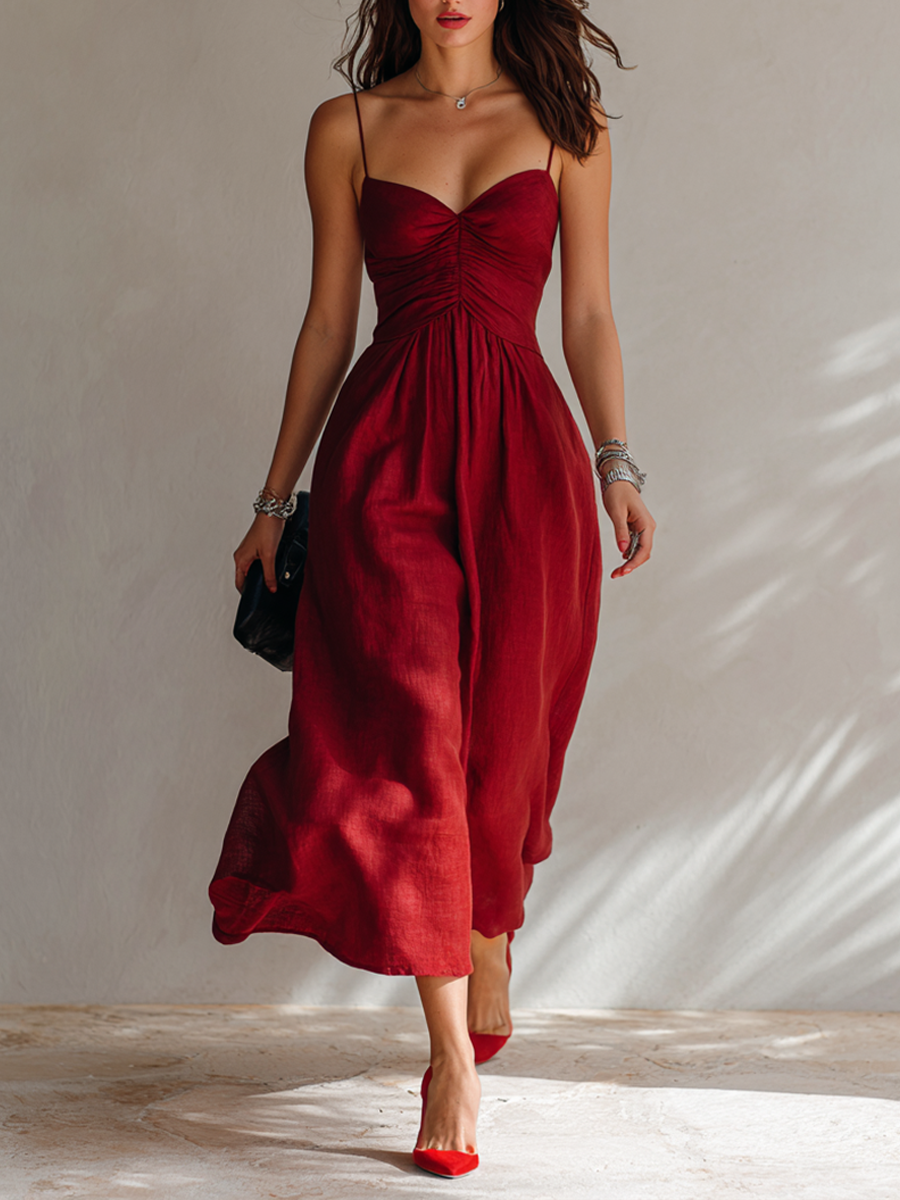 Midi Dress for Women Made of Linen Fabric with Spaghetti Straps