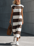 Brown and White Maxi Dresses for Women — Round Neck, Sleeveless MDZ2362E0LXY
