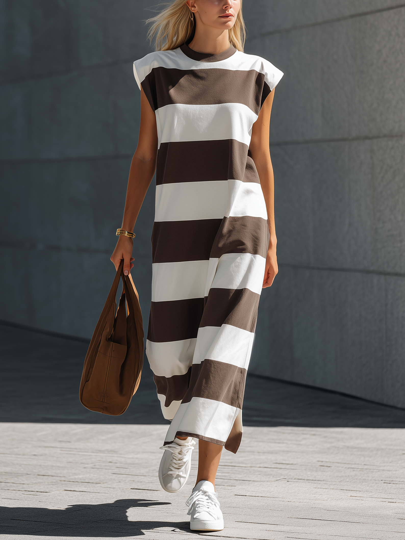 Brown and White Maxi Dresses for Women — Round Neck, Sleeveless MDZ2362E0LXY