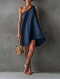 Mini Dresses for Women with One Shoulder, Sleeveless, Made of Linen Blend with Frayed Edges MDZ2597E0Y