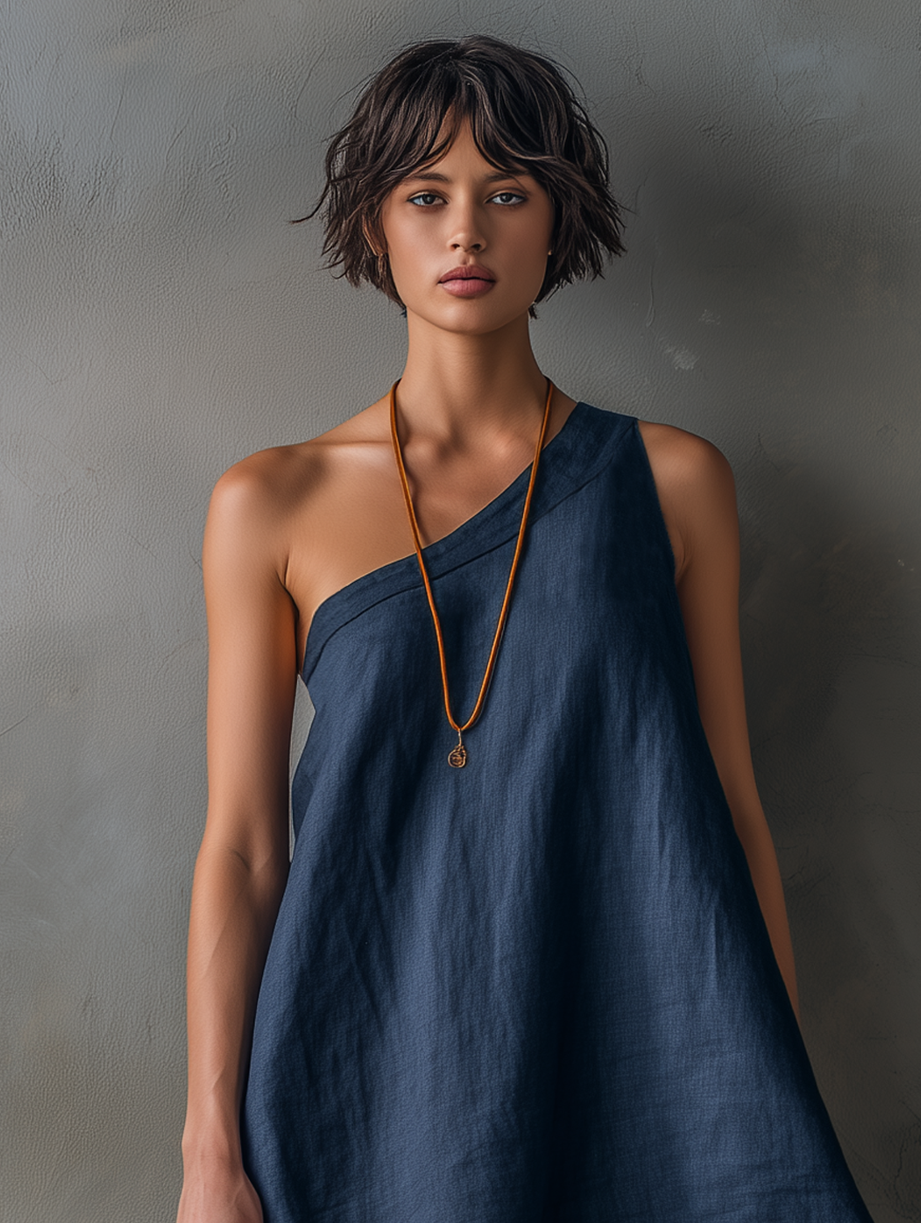 Mini Dresses for Women with One Shoulder, Sleeveless, Made of Linen Blend with Frayed Edges MDZ2597E0Y