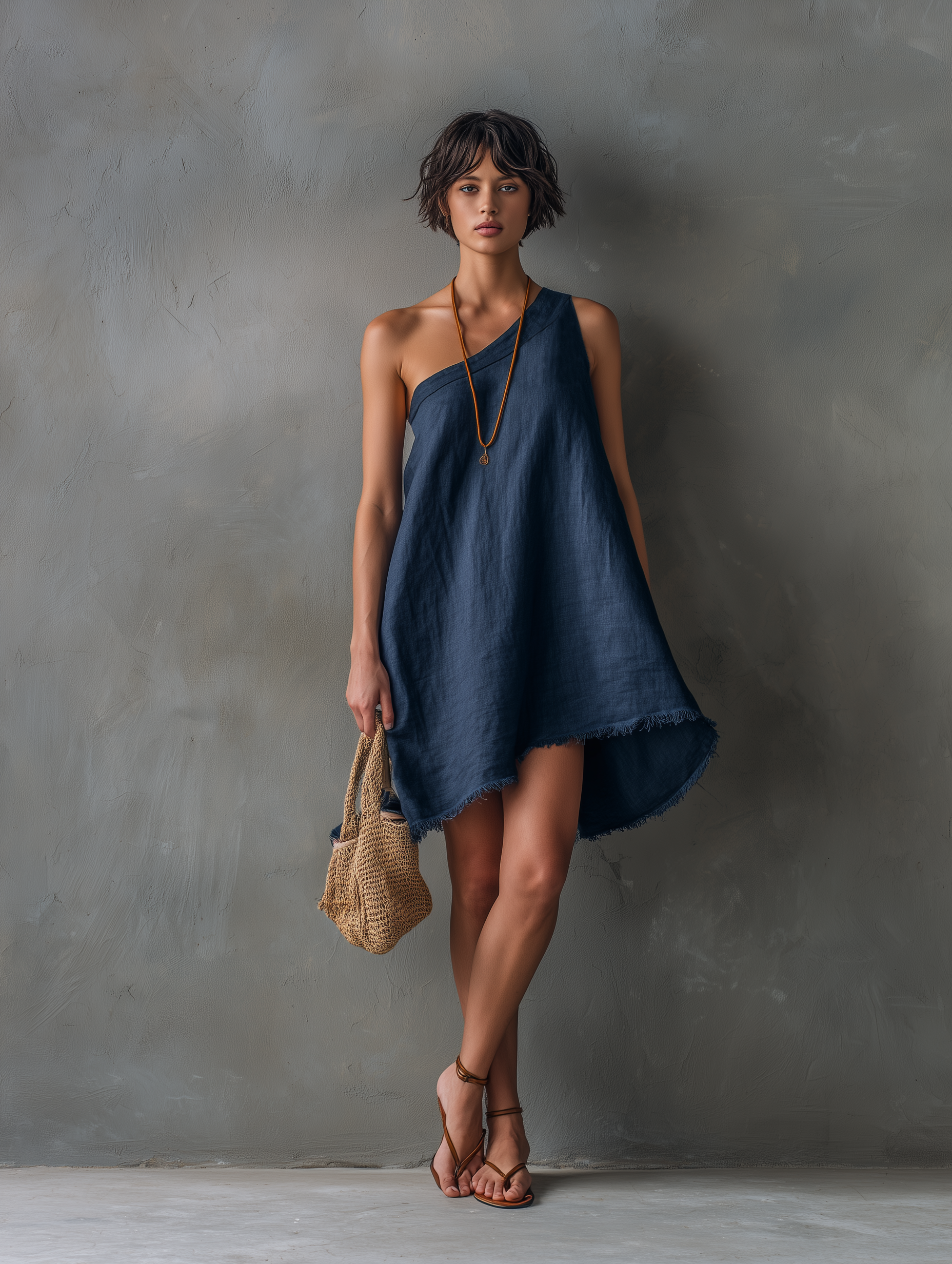 Mini Dresses for Women with One Shoulder, Sleeveless, Made of Linen Blend with Frayed Edges MDZ2597E0Y