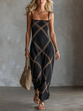 Elegant Maxi Dresses in Black-Camel with Geometric Print and Spaghetti Straps