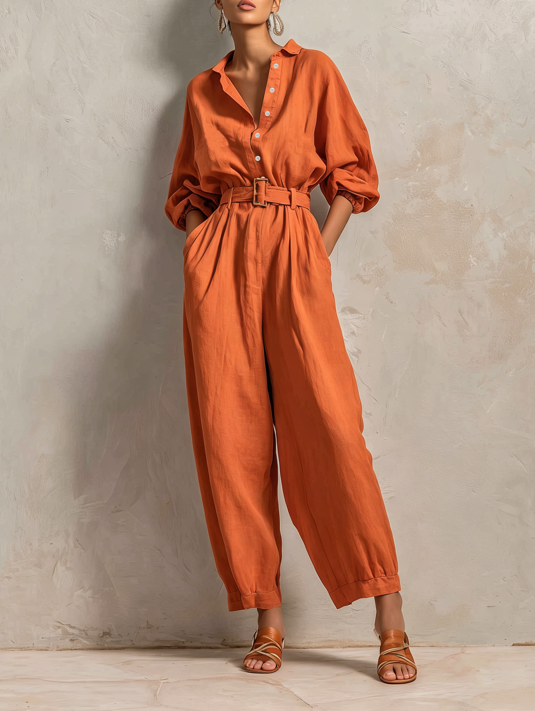 Women's Cotton-Linen Blend Jumpsuit with Belt — Wide Pants and Medium-Length Sleeves MDZ2965E9ZJW