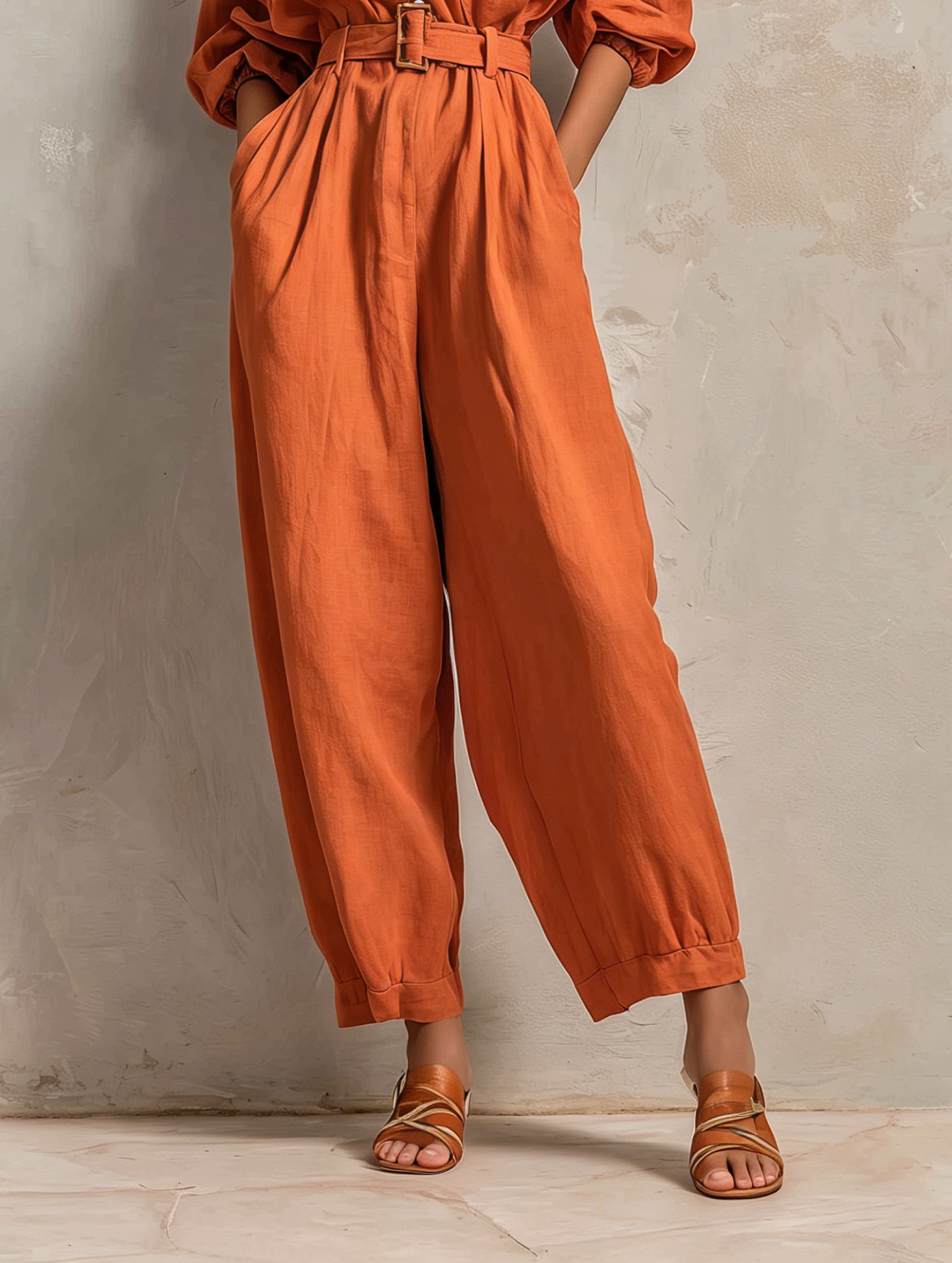 Women's Cotton-Linen Blend Jumpsuit with Belt — Wide Pants and Medium-Length Sleeves MDZ2965E9ZJW