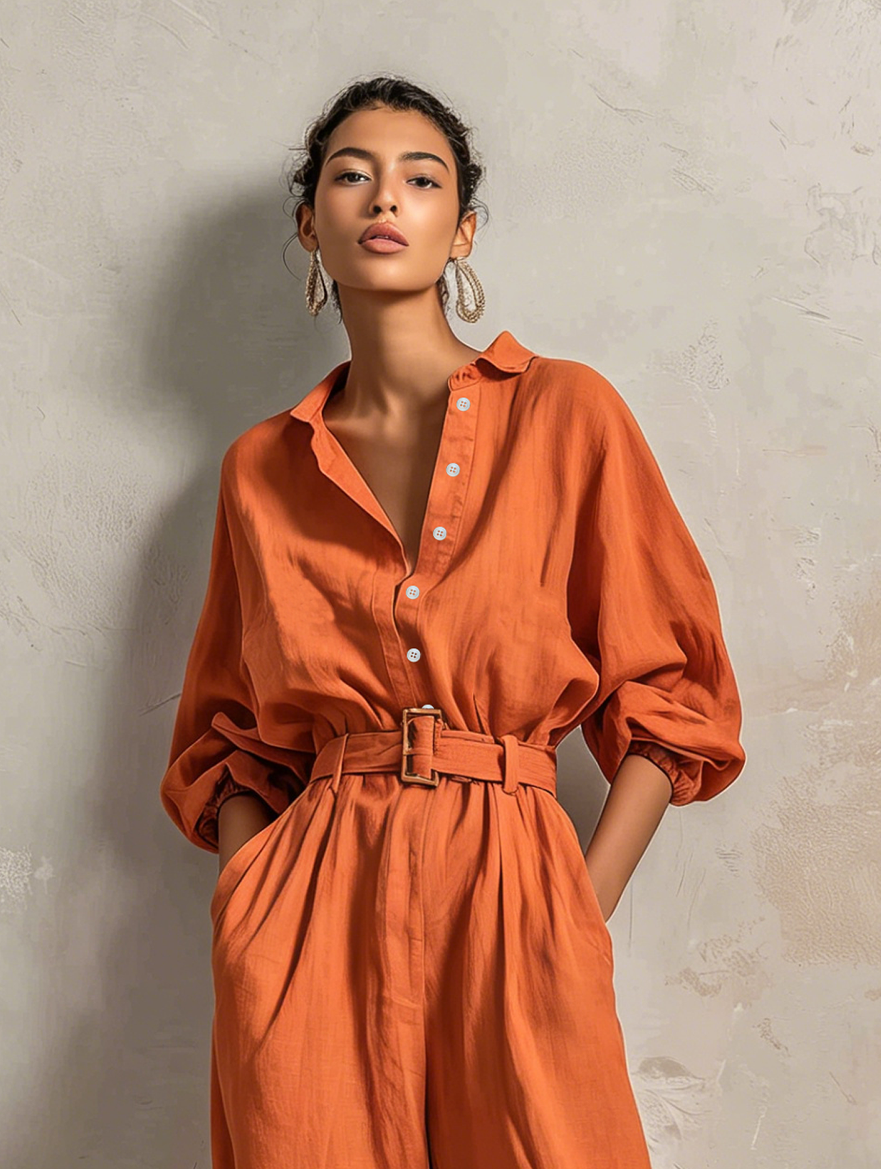Women's Cotton-Linen Blend Jumpsuit with Belt — Wide Pants and Medium-Length Sleeves MDZ2965E9ZJW