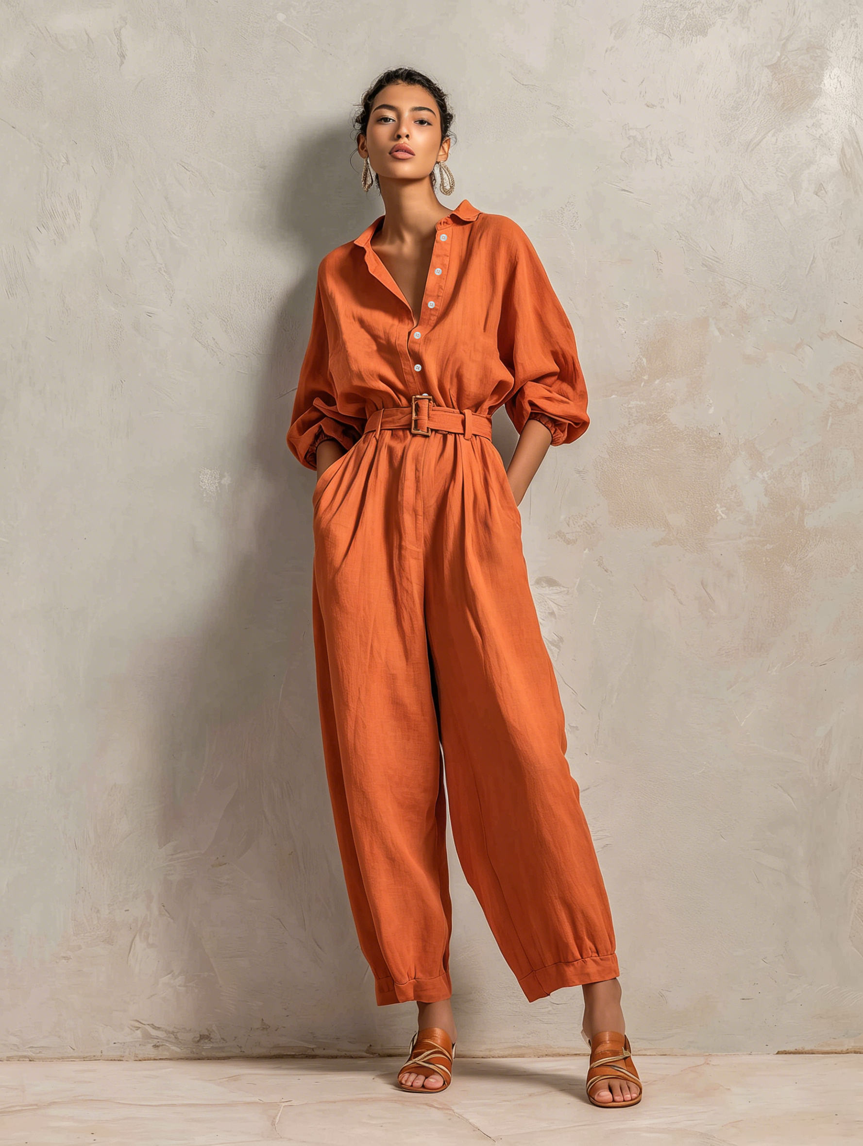 Women's Cotton-Linen Blend Jumpsuit with Belt — Wide Pants and Medium-Length Sleeves MDZ2965E9ZJW