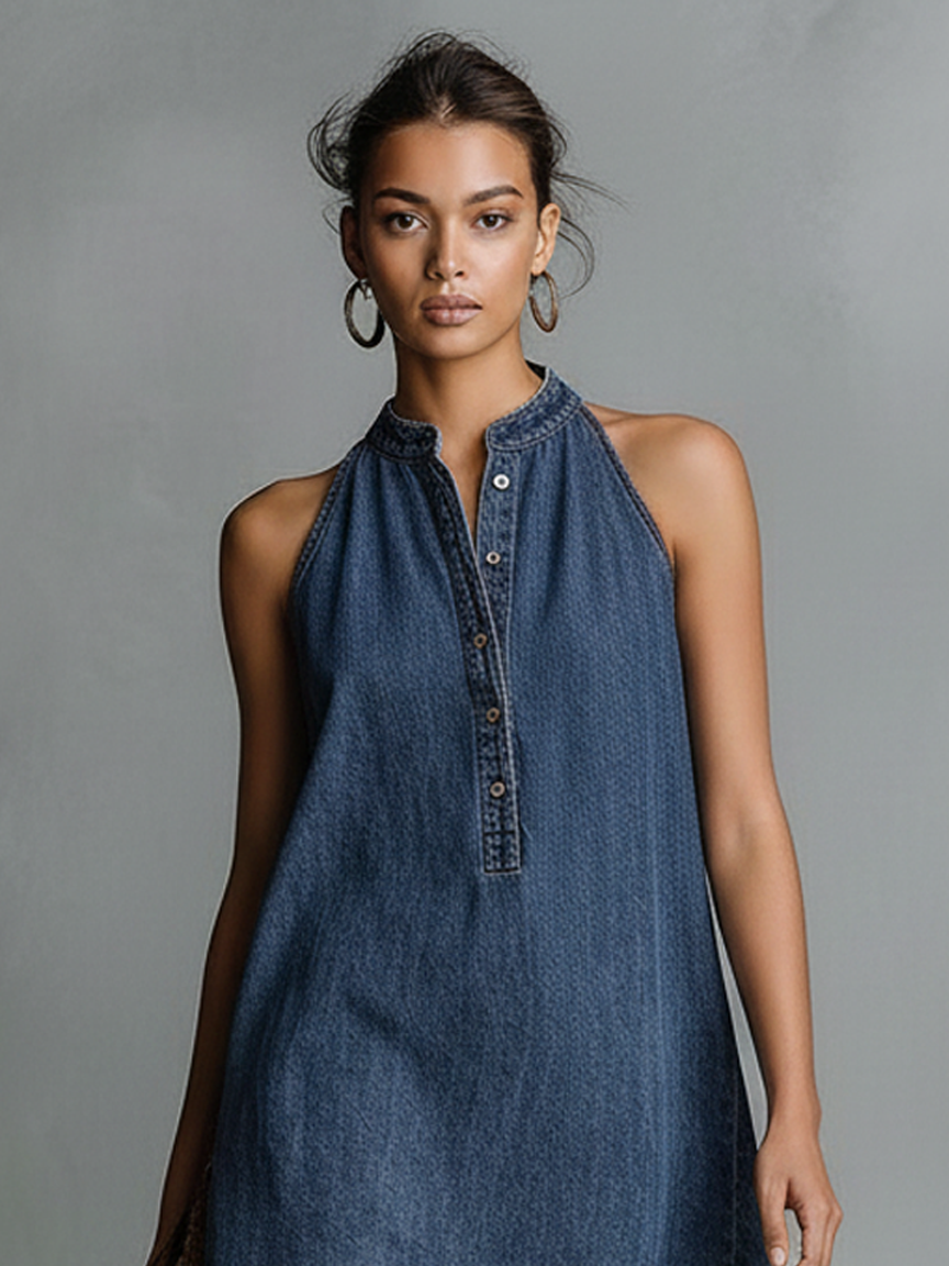 Women's Denim Mini Dress with Stand Collar and Front Buttons MDZ0144F5Y