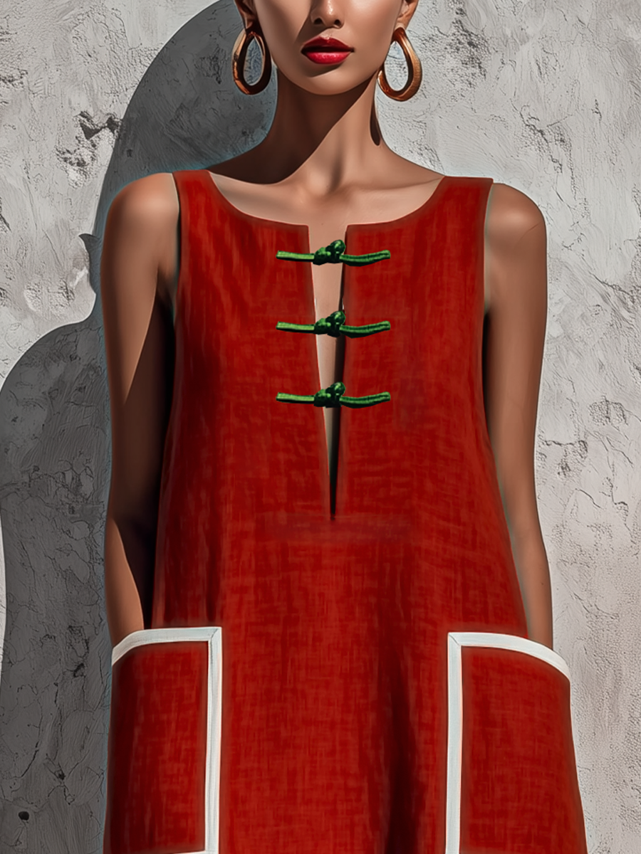 Red Sleeveless Midi Dresses for Women in Cotton-Linen Blend with Contrasting White Piping and Double Side Pockets MDZ0318F7T