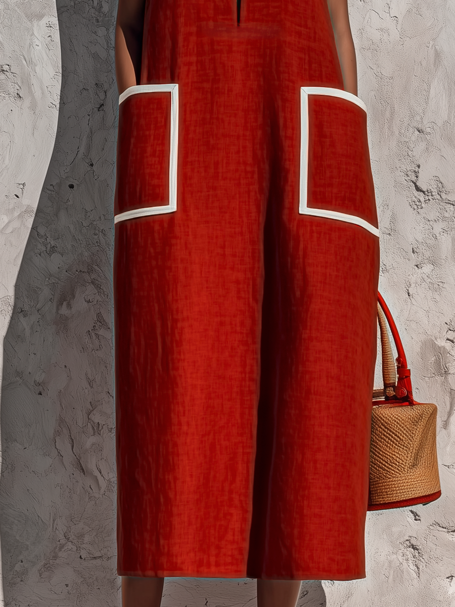 Red Sleeveless Midi Dresses for Women in Cotton-Linen Blend with Contrasting White Piping and Double Side Pockets MDZ0318F7T