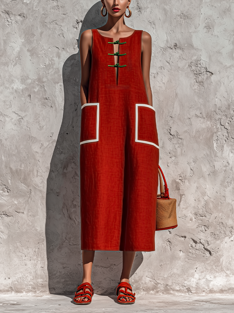 Red Sleeveless Midi Dresses for Women in Cotton-Linen Blend with Contrasting White Piping and Double Side Pockets MDZ0318F7T