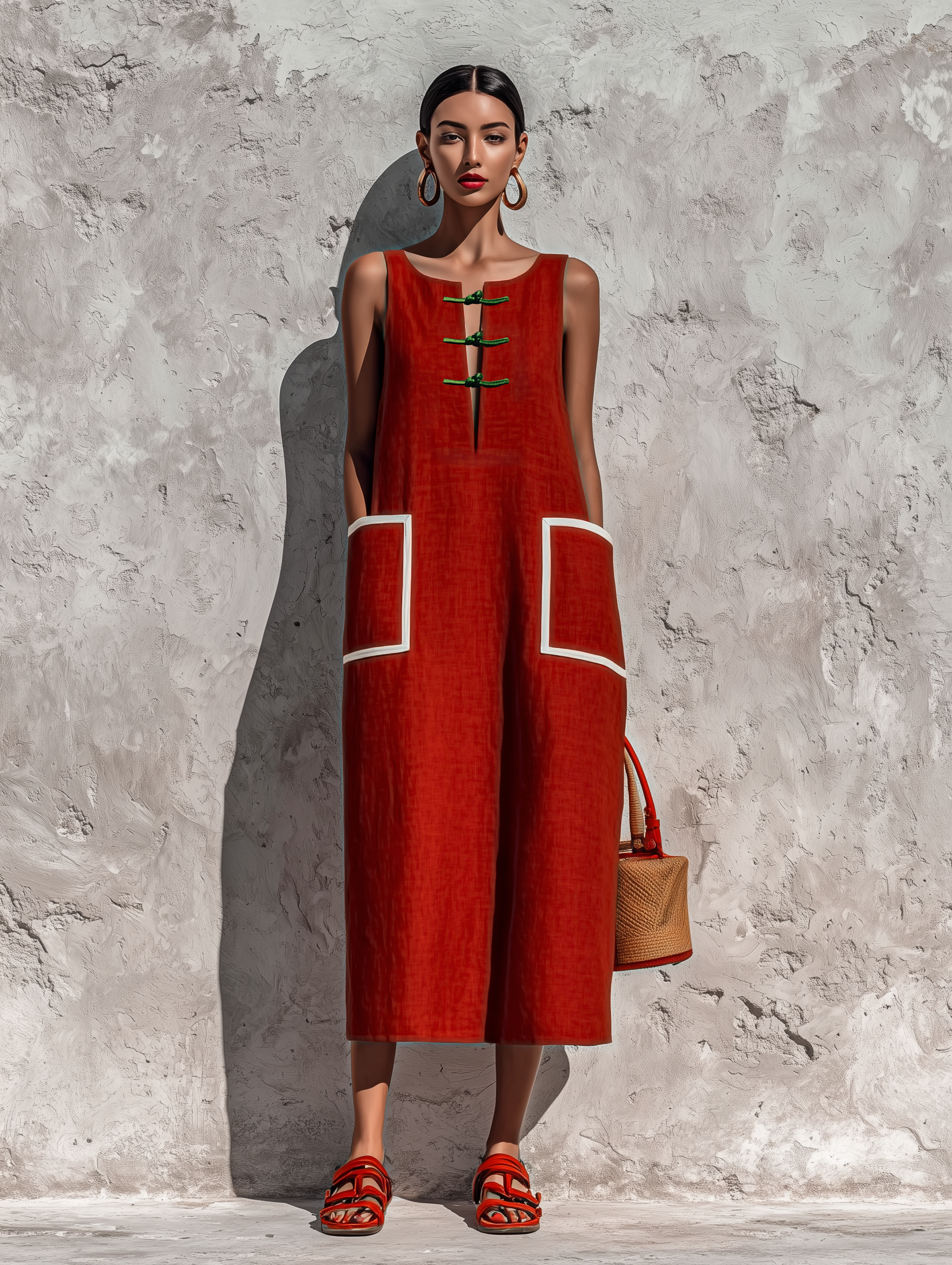 Red Sleeveless Midi Dresses for Women in Cotton-Linen Blend with Contrasting White Piping and Double Side Pockets MDZ0318F7T