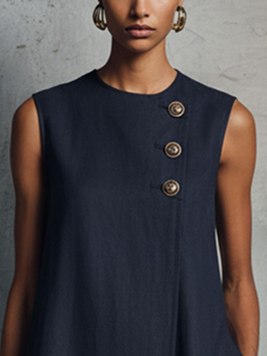 Mini Dress for Women in Minimalist Style in Dark Blue with Round Neck, Asymmetrical Buttons, Side Pocket, and Sleeveless MDZ0395F6GMJ