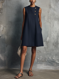 Mini Dress for Women in Minimalist Style in Dark Blue with Round Neck, Asymmetrical Buttons, Side Pocket, and Sleeveless MDZ0395F6GMJ