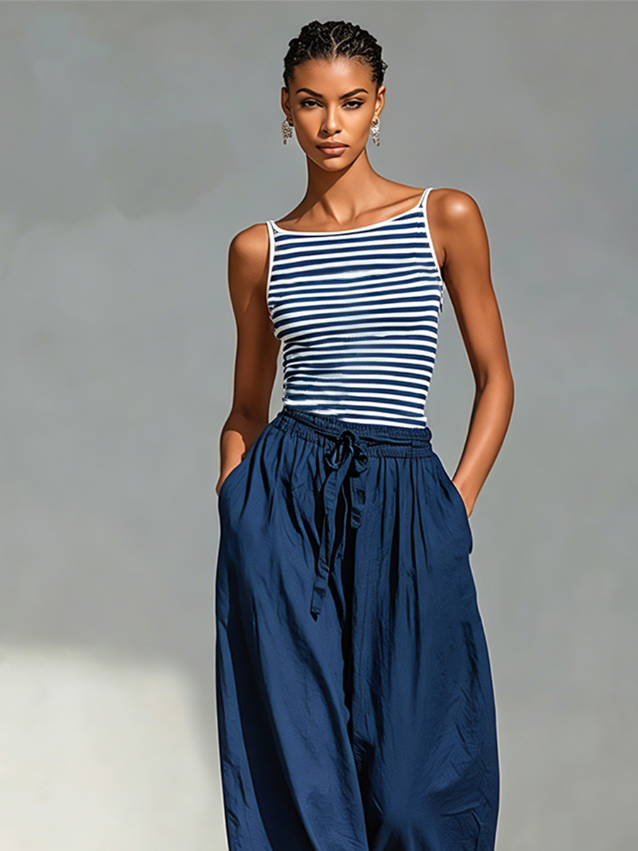 Two-Piece Set for Women in Navy and White with a Square Neckline Slim Top and Drawstring Pants, Minimalist Vacation Outfit MDZ0518F8LYL