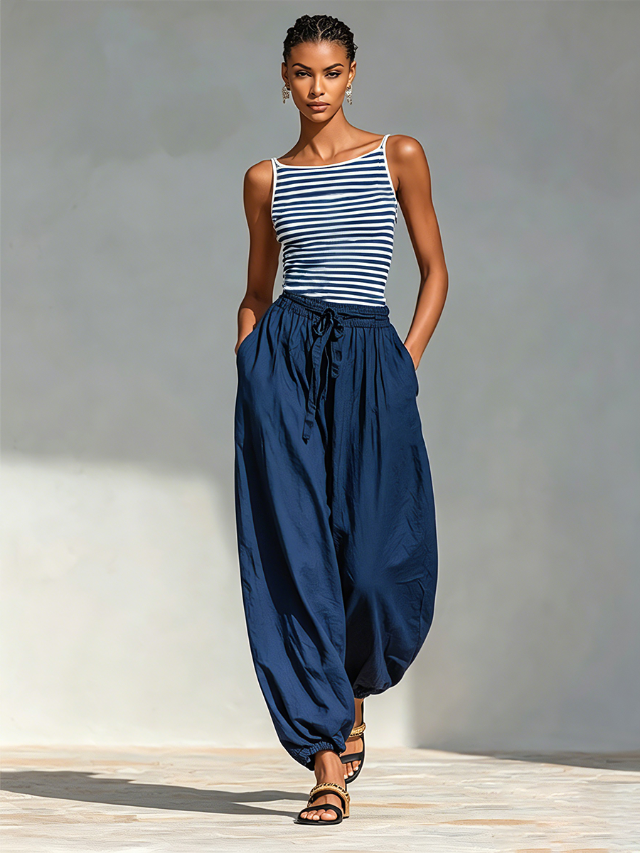 Two-Piece Set for Women in Navy and White with a Square Neckline Slim Top and Drawstring Pants, Minimalist Vacation Outfit MDZ0518F8LYL
