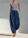 Two-Piece Set for Women in Navy and White with a Square Neckline Slim Top and Drawstring Pants, Minimalist Vacation Outfit MDZ0518F8LYL