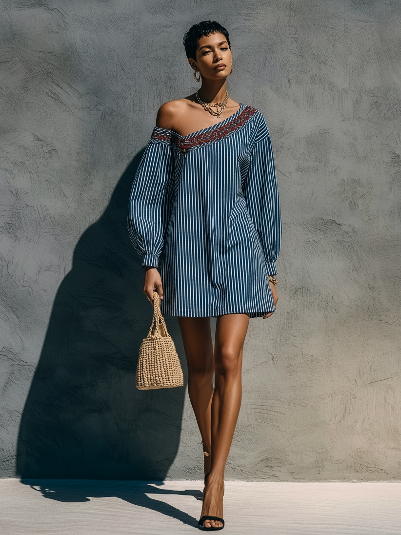 Mini embroidered dresses with one strap for women in a minimalist style