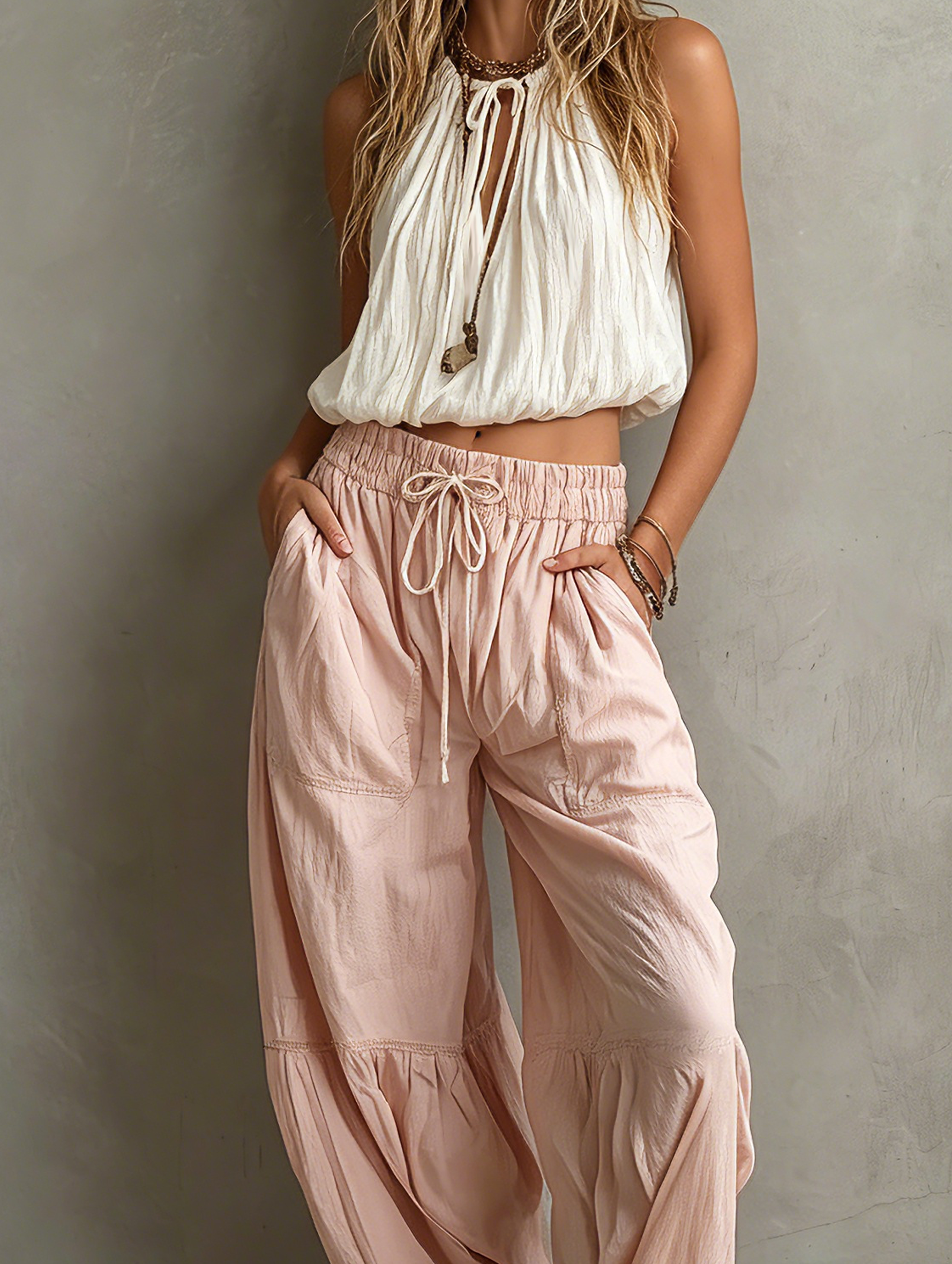 Lightweight White Women's Sleeveless Top with Round Collar Paired with Pink Pants MDZ1268F0LXY