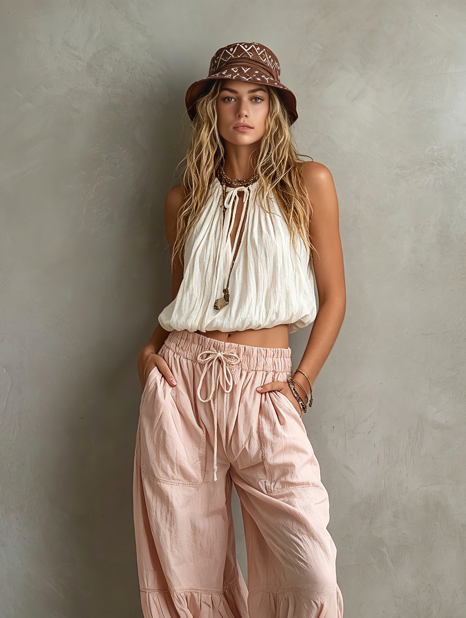 Lightweight White Women's Sleeveless Top with Round Collar Paired with Pink Pants MDZ1268F0LXY