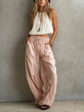 Lightweight White Women's Sleeveless Top with Round Collar Paired with Pink Pants MDZ1268F0LXY