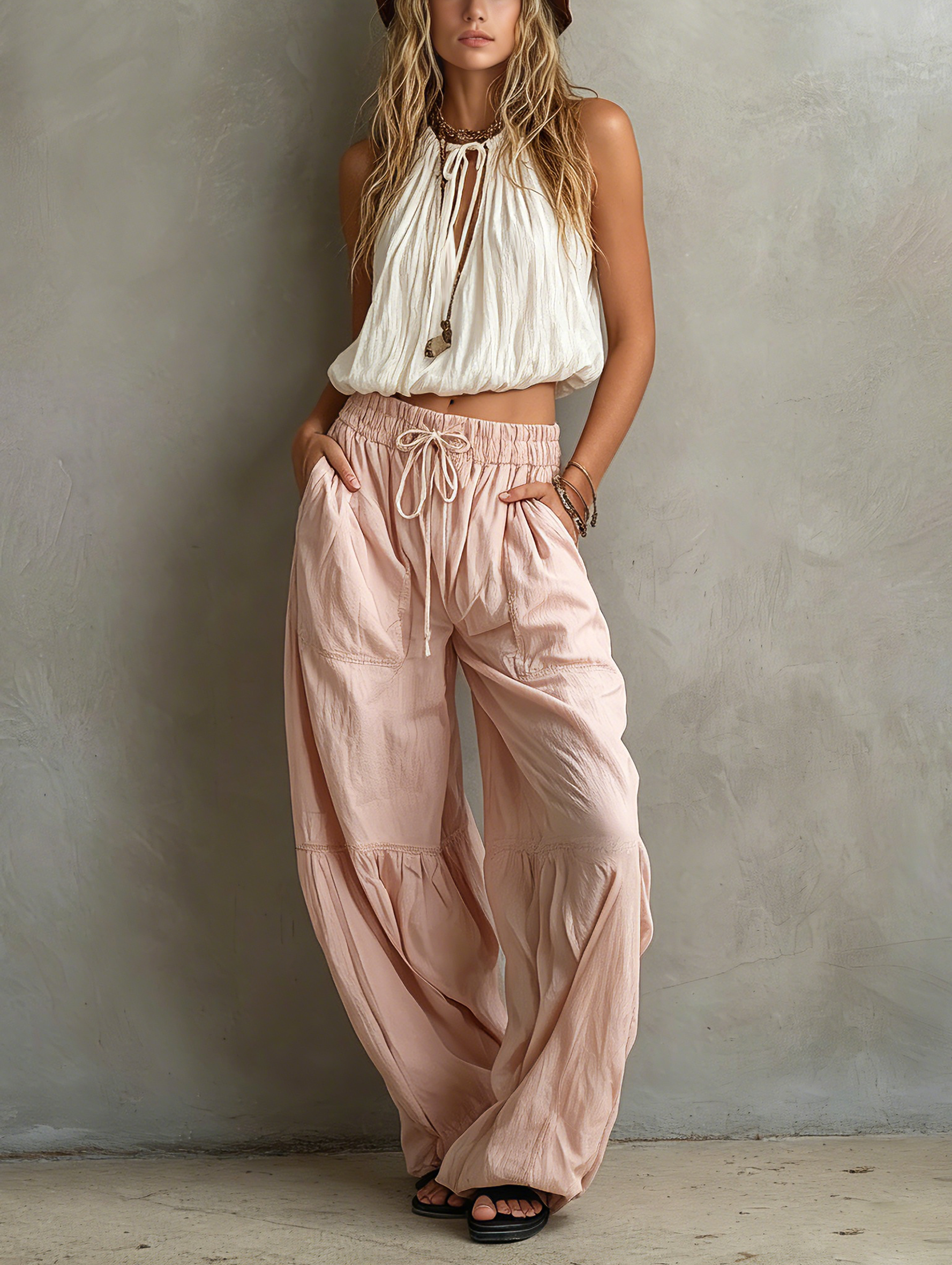 Lightweight White Women's Sleeveless Top with Round Collar Paired with Pink Pants MDZ1268F0LXY