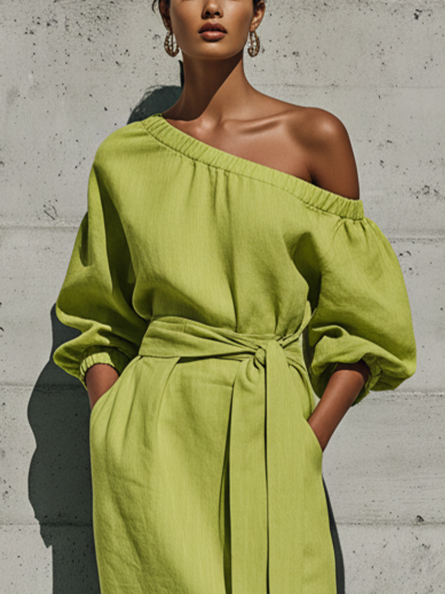 Lime Green Midi Dresses for Women with Puff Sleeves and Off-Shoulder, with Tie Belt and Open Side MDZ1150F0T